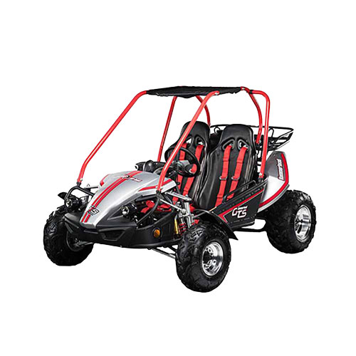 A dune buggy with red roll bars, black and red seats, and a grey body with red trim accents, isolated on a white background, showcasing the adventure and style of our Dune Buggies collection.