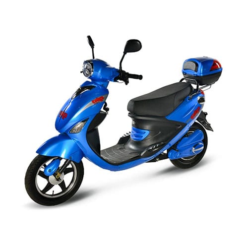 An electric scooter with a blue body, black seat, black footrest, handlebars, mirrors, and tires, isolated on a white background, showcasing the sleek design and urban functionality of our Electric Scooters collection.
