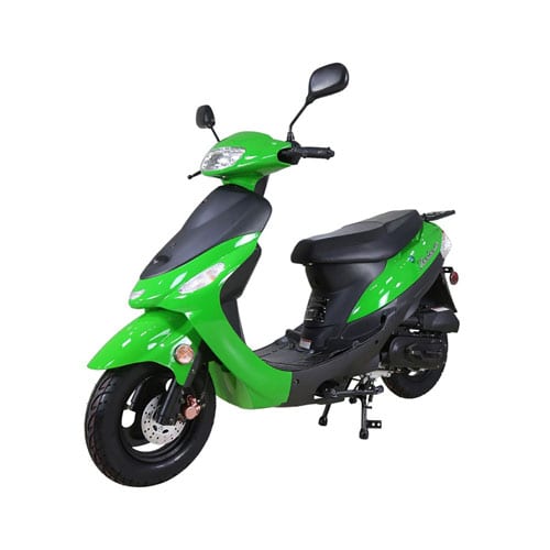 A gas scooter with a green body, black seat, black footrest, handlebars, mirrors, and tires, isolated on a white background, symbolizing the traditional power and contemporary design of our Gas Scooters collection.