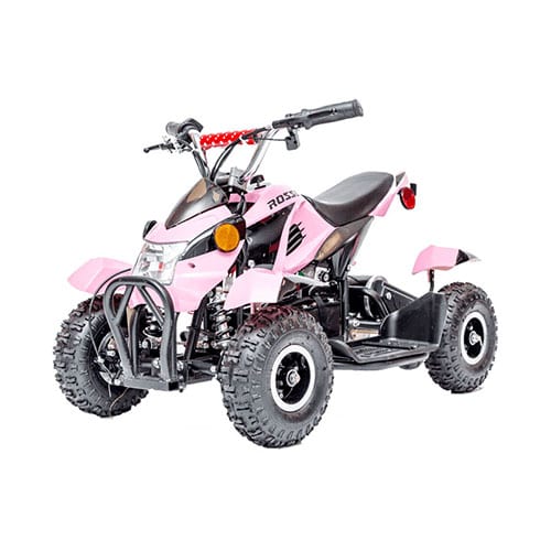 A pink and black kids ATV, isolated on a white background, inviting you to explore our fun and safe collection of Kids ATVs.