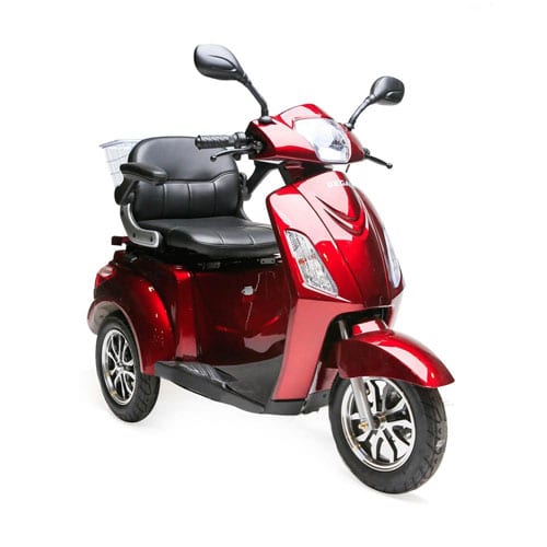 A three-wheeled mobility scooter with a red body, black trim, and a black leather-style seat, isolated on a white background, representing the freedom, ease, and quality of our Mobility Scooters collection.
